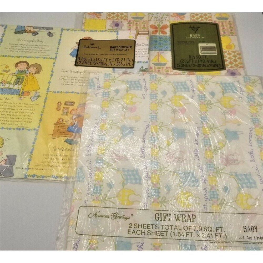 Vintage Gift Wrap Hallmark American Greetings Baby Shower NIP Lot of 3